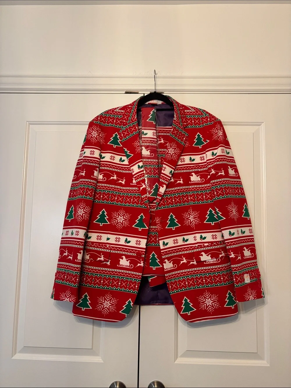 Red Holiday suit - pants, twith Green Trees and White Accents
